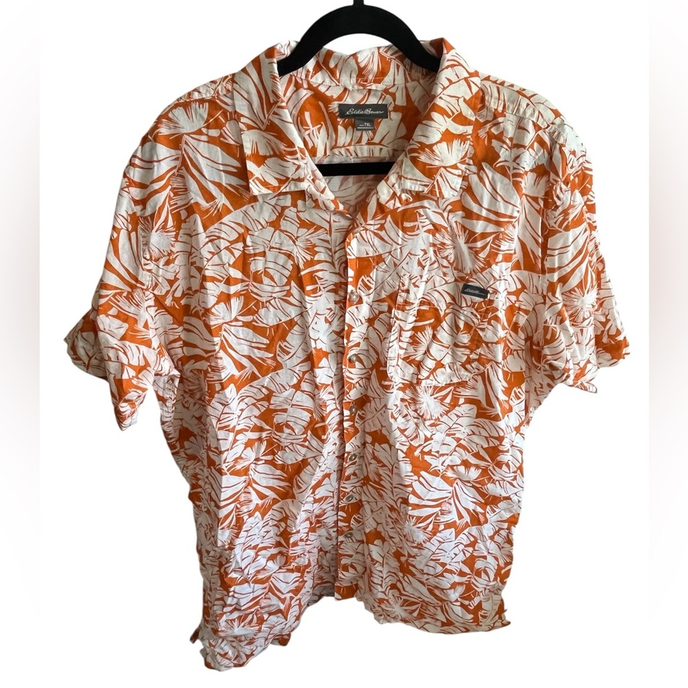 Eddie Bauer Orange White Palm Leaf Casual Button Hawaiian Luau Shirt XL Tall